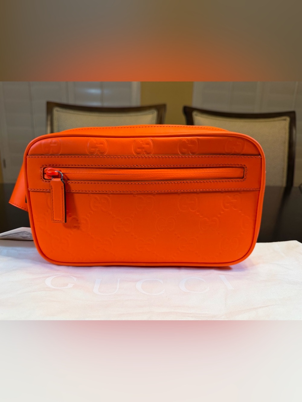 New Authentic Gucci GG Supreme Logo Orange Leather Waist / Crossbody Bag